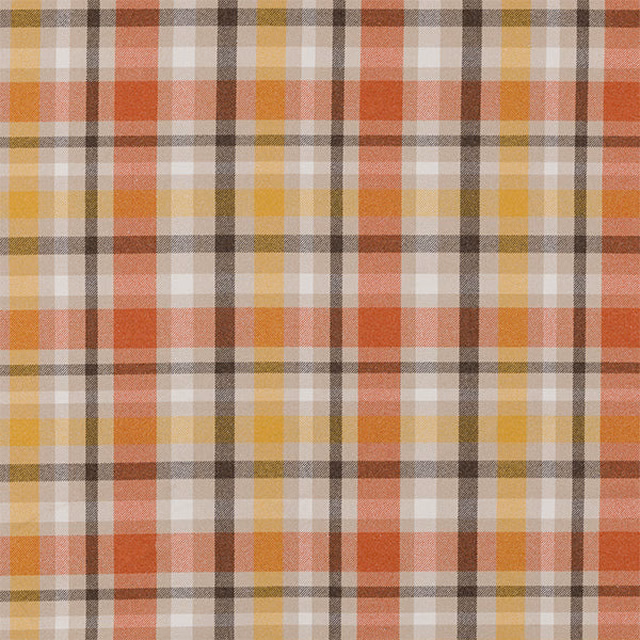 Warm tartan-style fabric in terracotta, mustard, cream and brown checks