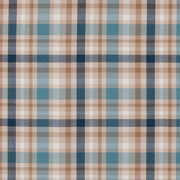 Muted teal, taupe and cream checked woven fabric with navy grid lines