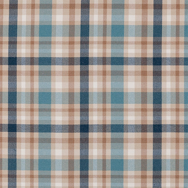 Muted teal, taupe and cream checked woven fabric with navy grid lines