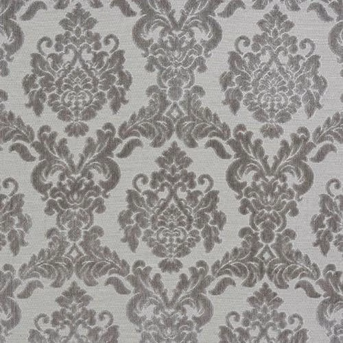 Silver-grey damask fabric swatch with ornate scrolling motif and soft sheen
