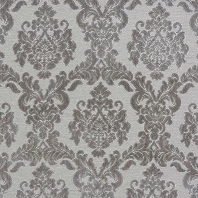Silver-grey damask fabric swatch with ornate scrolling motif and soft sheen