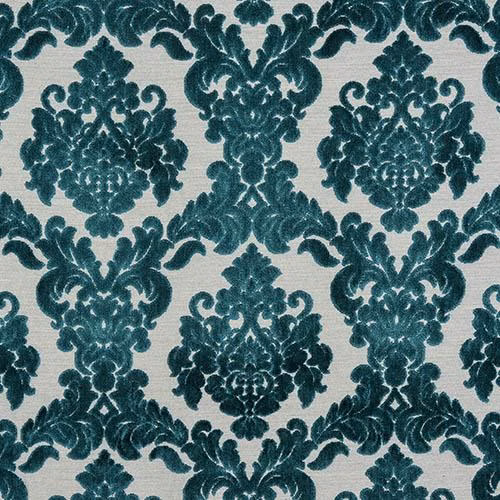 Teal damask upholstery fabric on an ivory ground with a plush textured look