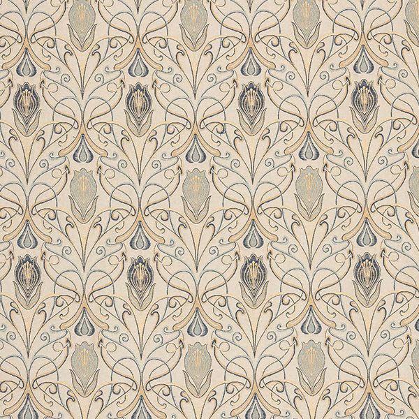 Cream floral scroll fabric with blue-grey and taupe motif on a woven ground