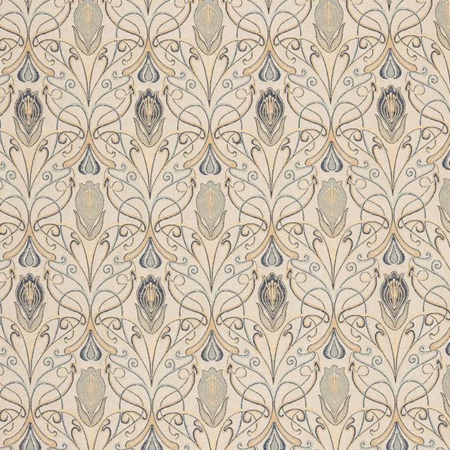 Cream floral scroll fabric with blue-grey and taupe motif on a woven ground