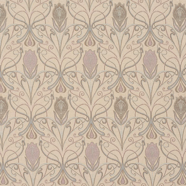 Blush damask fabric with scrolling floral vines and muted mauve motifs