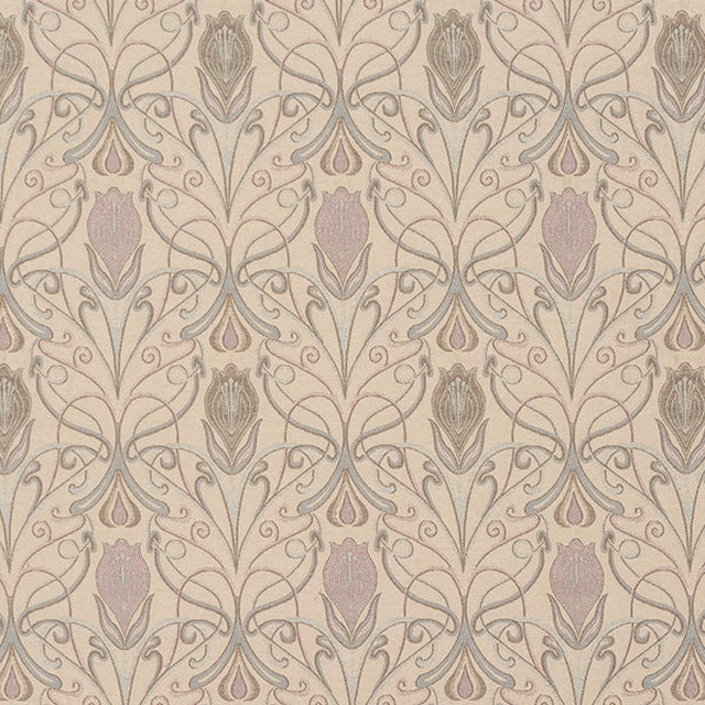 Blush damask fabric with scrolling floral vines and muted mauve motifs