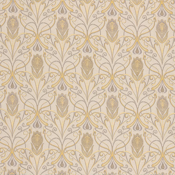 Cream fabric with scrolling damask motif in soft yellow and grey