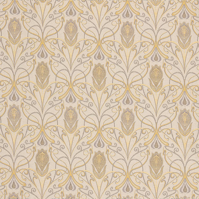 Cream fabric with scrolling damask motif in soft yellow and grey