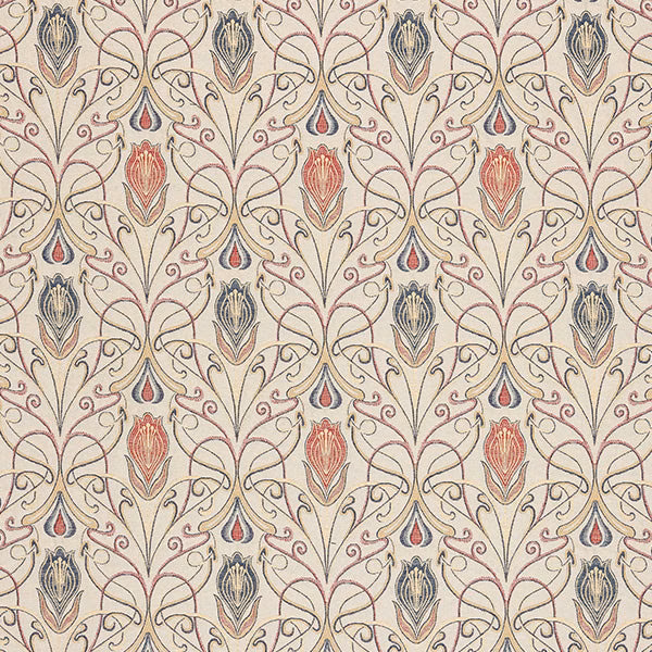Cream floral scroll fabric with terracotta red and blue-grey motifs