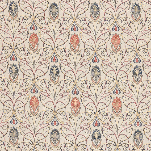 Cream floral scroll fabric with terracotta red and blue-grey motifs