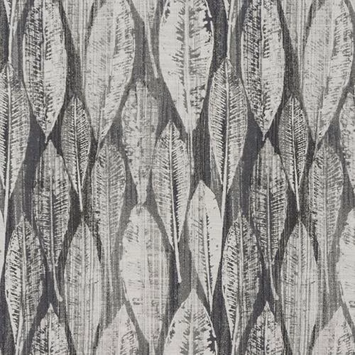 Grey geometric fabric with large leaf-like motif and textured weave