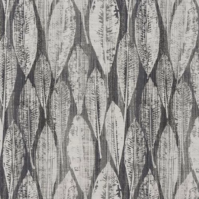 Grey geometric fabric with large leaf-like motif and textured weave