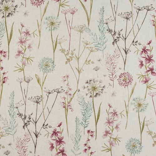 Pale cotton fabric with scattered wildflowers in heather pink, sage and aqua