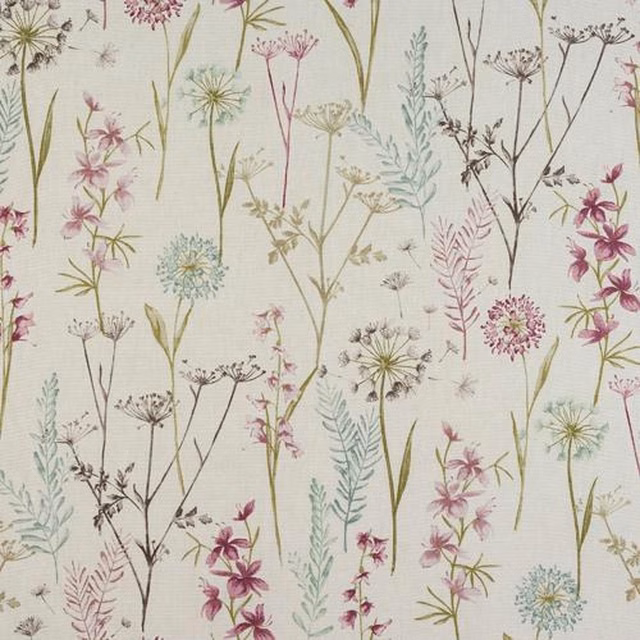 Pale cotton fabric with scattered wildflowers in heather pink, sage and aqua