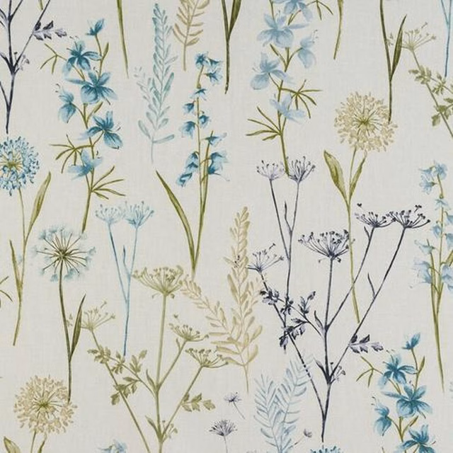 Wildflower print on pale ground with teal, sage and navy stems and blossoms