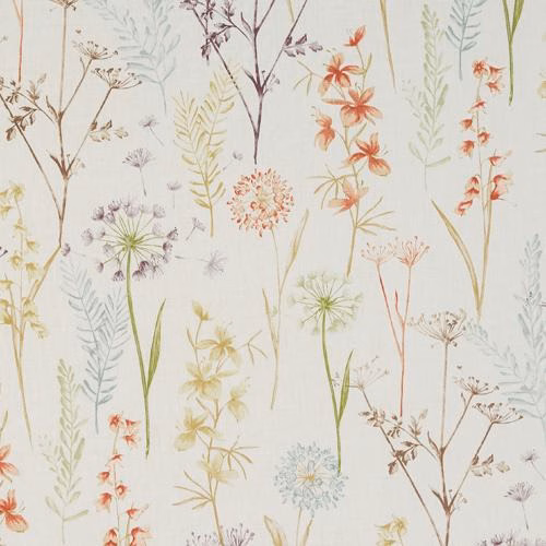 Pale floral cotton fabric with terracotta, green and yellow wildflower stems