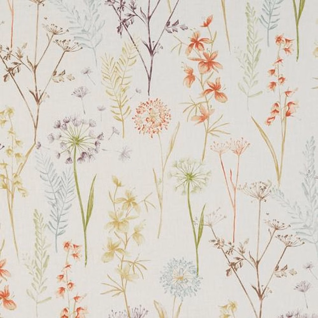 Pale floral cotton fabric with terracotta, green and yellow wildflower stems