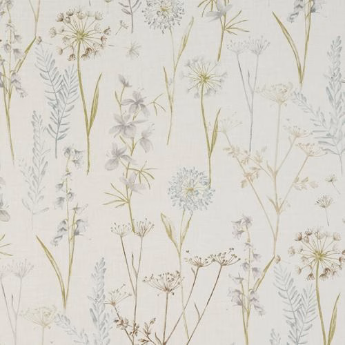 Cream cotton fabric with delicate meadow wildflowers in sage, taupe and pale blue