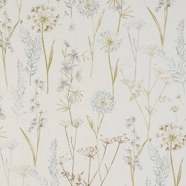 Cream cotton fabric with delicate meadow wildflowers in sage, taupe and pale blue