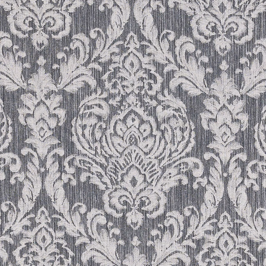 Charcoal grey damask fabric with pale silver ornate pattern and vertical slub texture