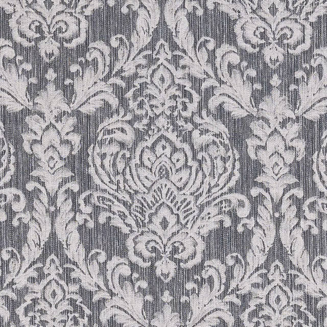 Charcoal grey damask fabric with pale silver ornate pattern and vertical slub texture