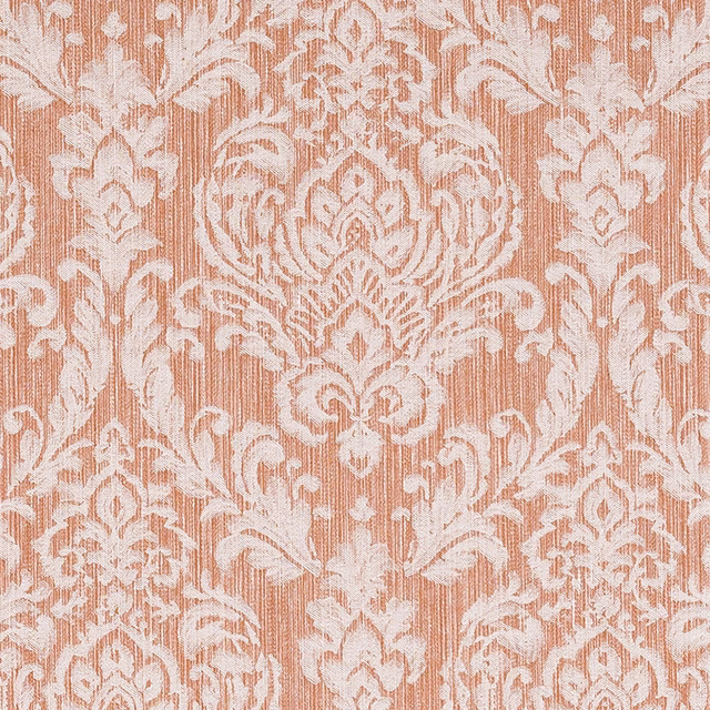 Cinnamon terracotta damask fabric with pale woven motif and slub texture