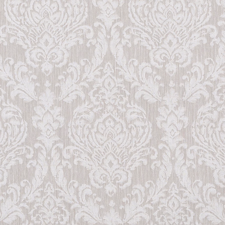Pale dove-grey damask fabric with an ivory scrolling motif and subtle woven striations