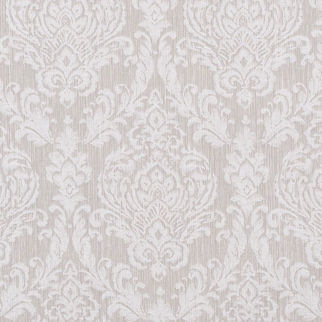 Pale dove-grey damask fabric with an ivory scrolling motif and subtle woven striations