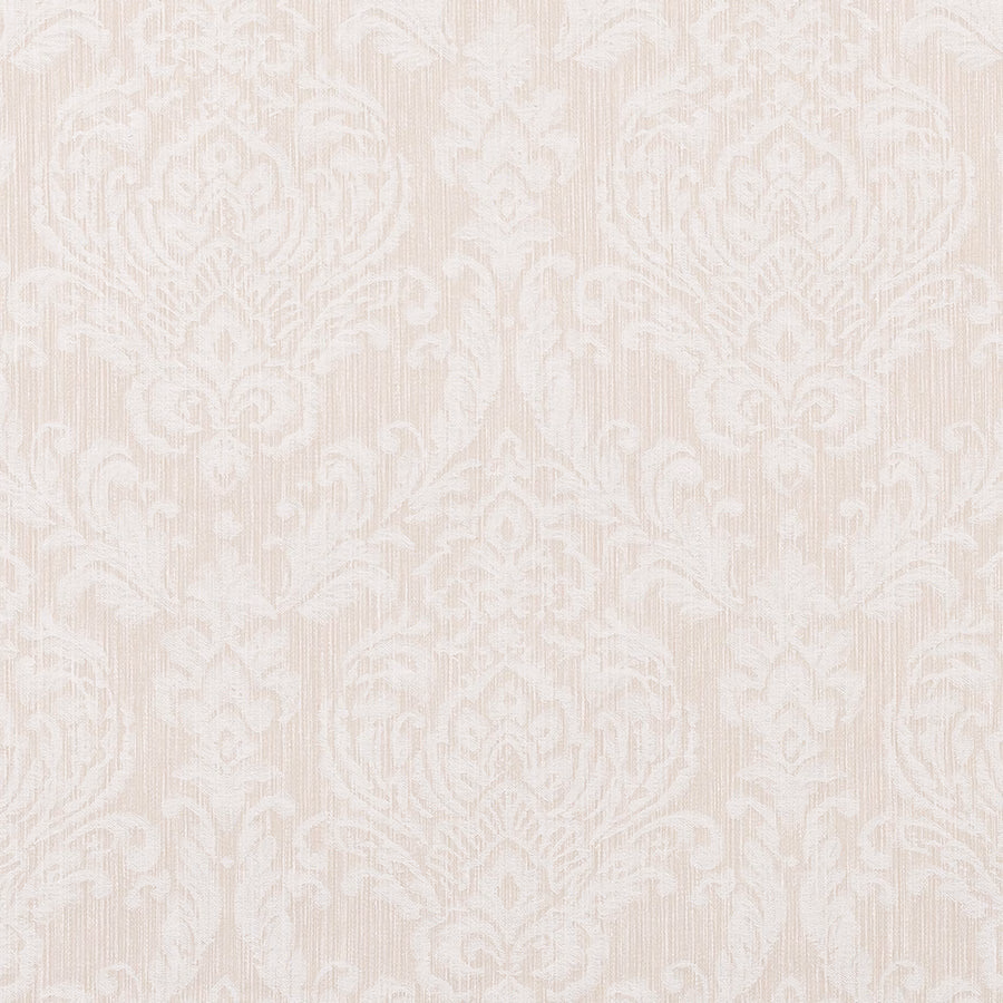 Pale cream damask fabric with soft scroll motifs and fine vertical texture