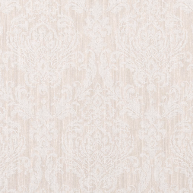 Pale cream damask fabric with soft scroll motifs and fine vertical texture