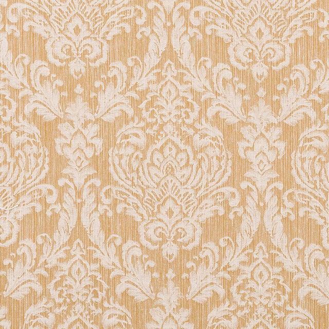 Ochre damask fabric with cream motif and fine vertical striations