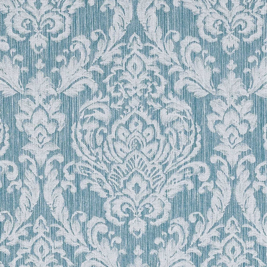 Teal and ivory damask fabric with a fine vertical strié weave