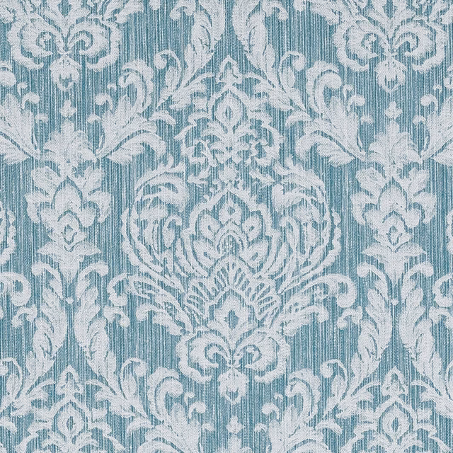 Teal and ivory damask fabric with a fine vertical strié weave