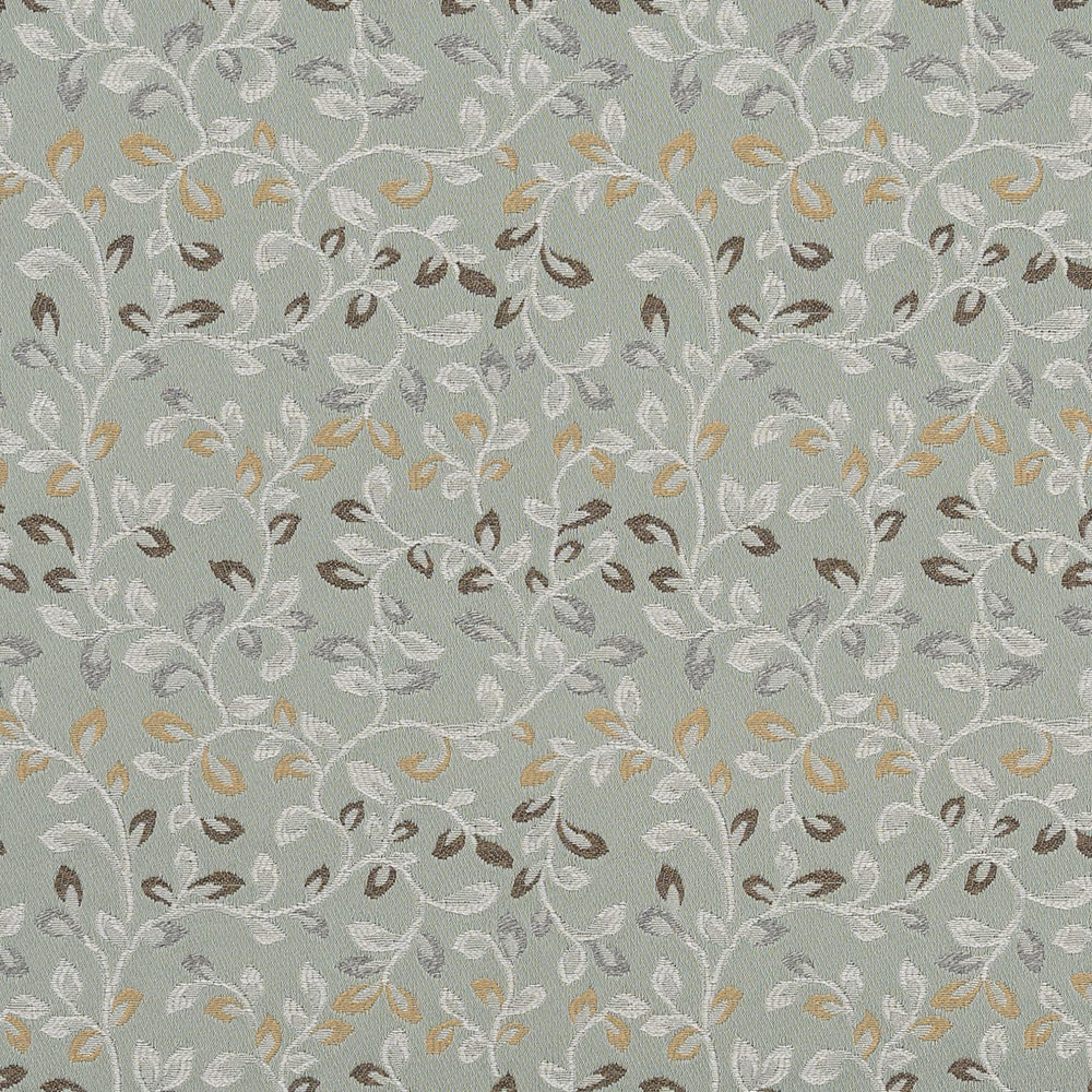Pale celadon floral fabric with ivory vines and muted gold leaf motifs