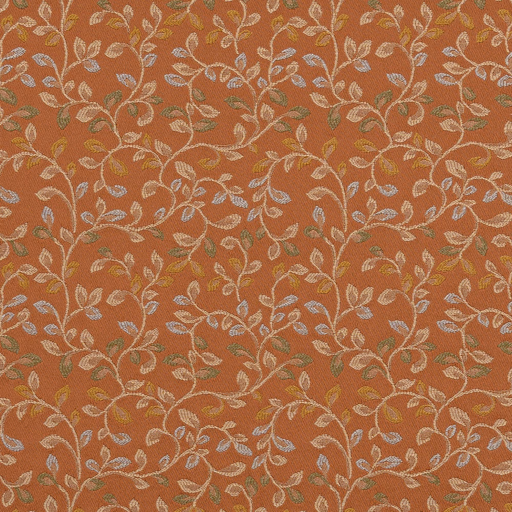 Copper terracotta floral woven fabric with cream, sage and grey-blue trailing leaves