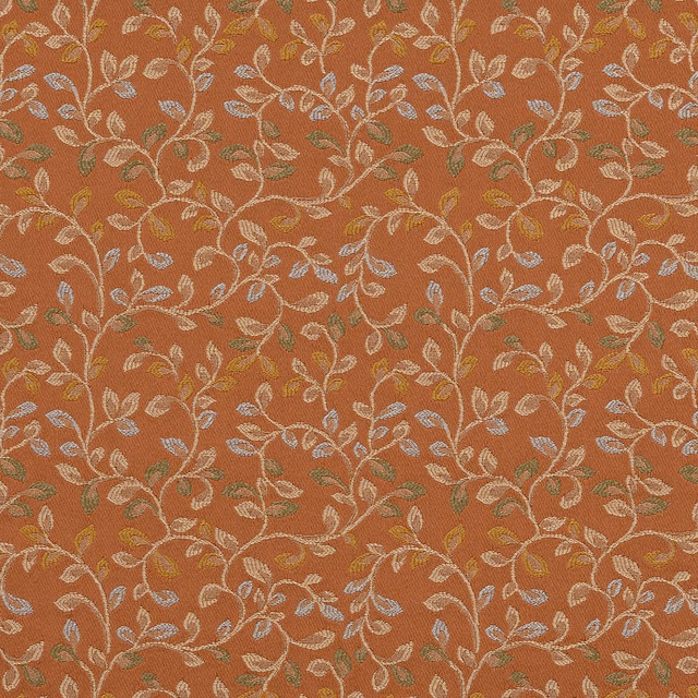 Copper terracotta floral woven fabric with cream, sage and grey-blue trailing leaves