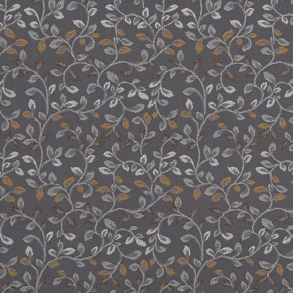 Dark pewter woven floral vine fabric with silver, gold and brown leaf accents