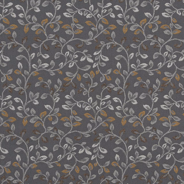 Dark pewter woven floral vine fabric with silver, gold and brown leaf accents