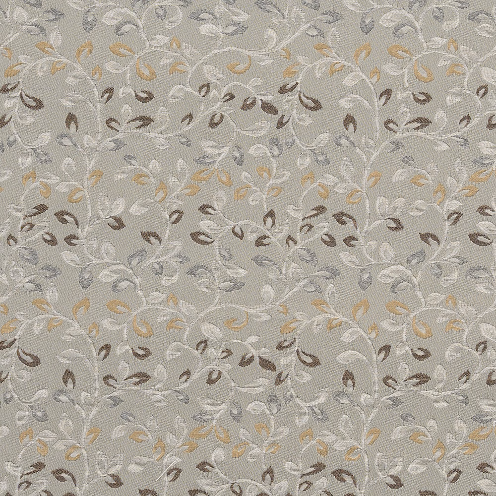 French grey woven fabric with scrolling leaf motif in ivory, taupe and gold