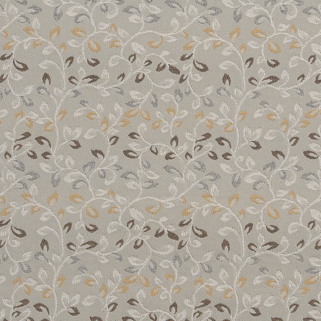 French grey woven fabric with scrolling leaf motif in ivory, taupe and gold