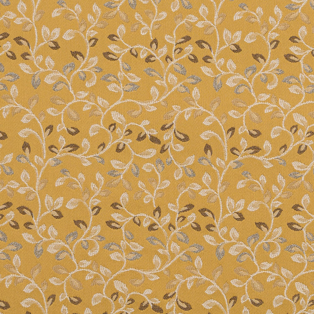 Mustard-gold floral fabric with pale trailing vine and leaf motifs