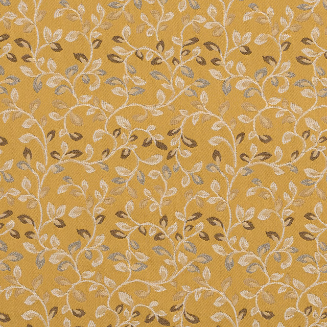 Mustard-gold floral fabric with pale trailing vine and leaf motifs