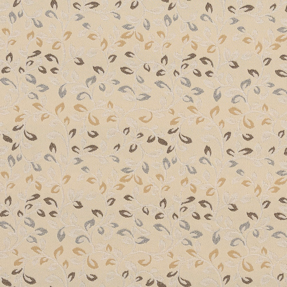 Close-up of cream woven fabric with small leaf motifs in taupe, grey and caramel