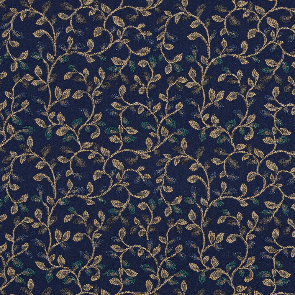 Close-up of navy fabric with gold trailing leaf pattern and teal accents