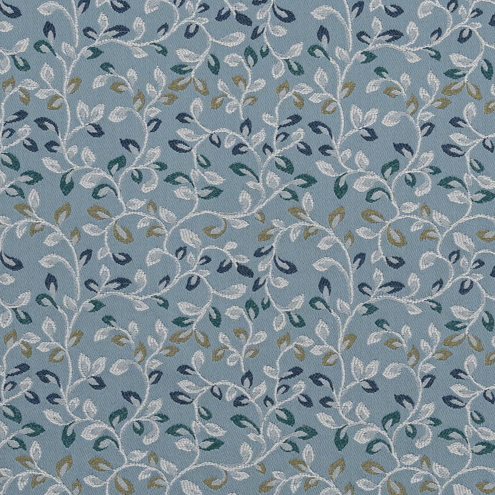 Pale blue woven fabric with trailing leaf motif in cream, teal and navy
