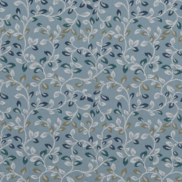 Pale blue woven fabric with trailing leaf motif in cream, teal and navy