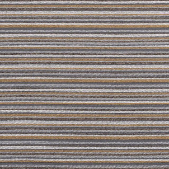 Horizontal striped fabric swatch in pewter grey, taupe, cream and tan