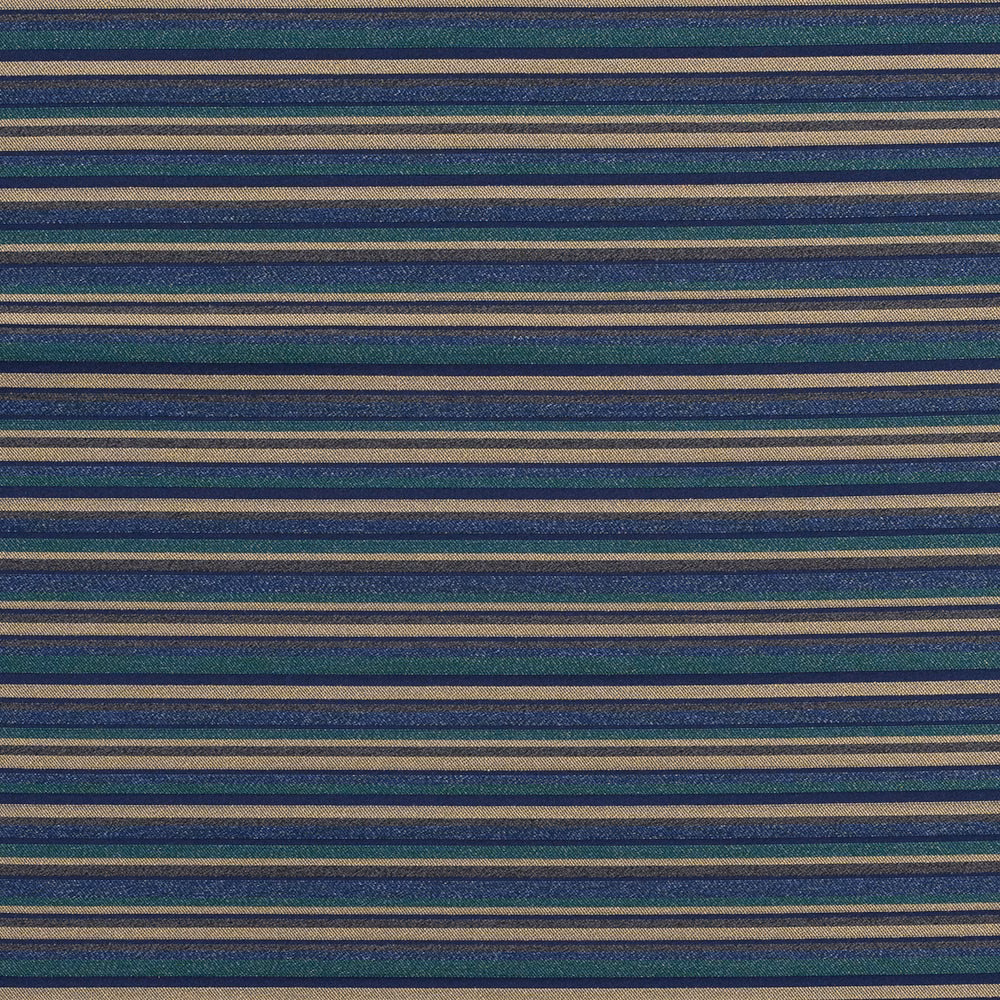 Close-up of navy, teal and sand striped woven fabric with fine texture