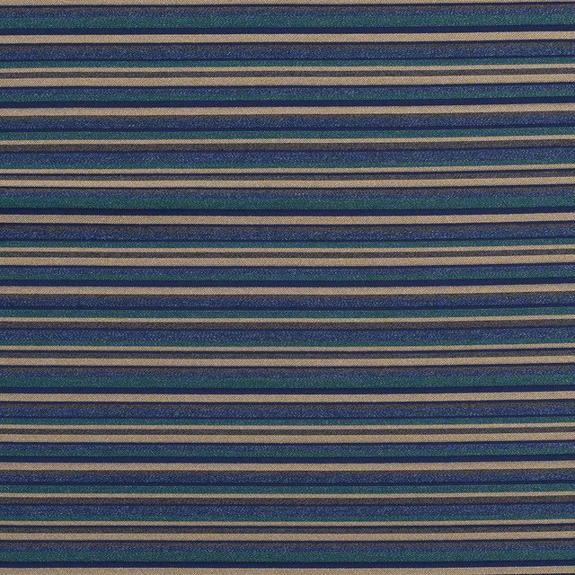 Close-up of navy, teal and sand striped woven fabric with fine texture