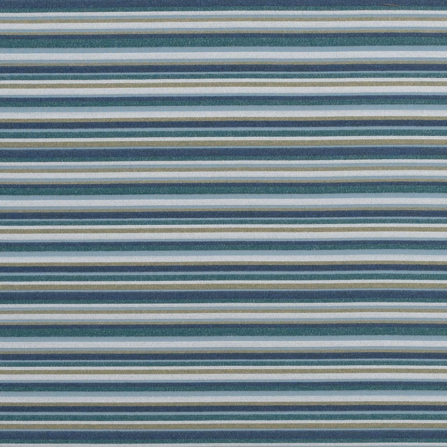 Horizontal striped fabric in wedgewood blue, teal, grey and cream weave